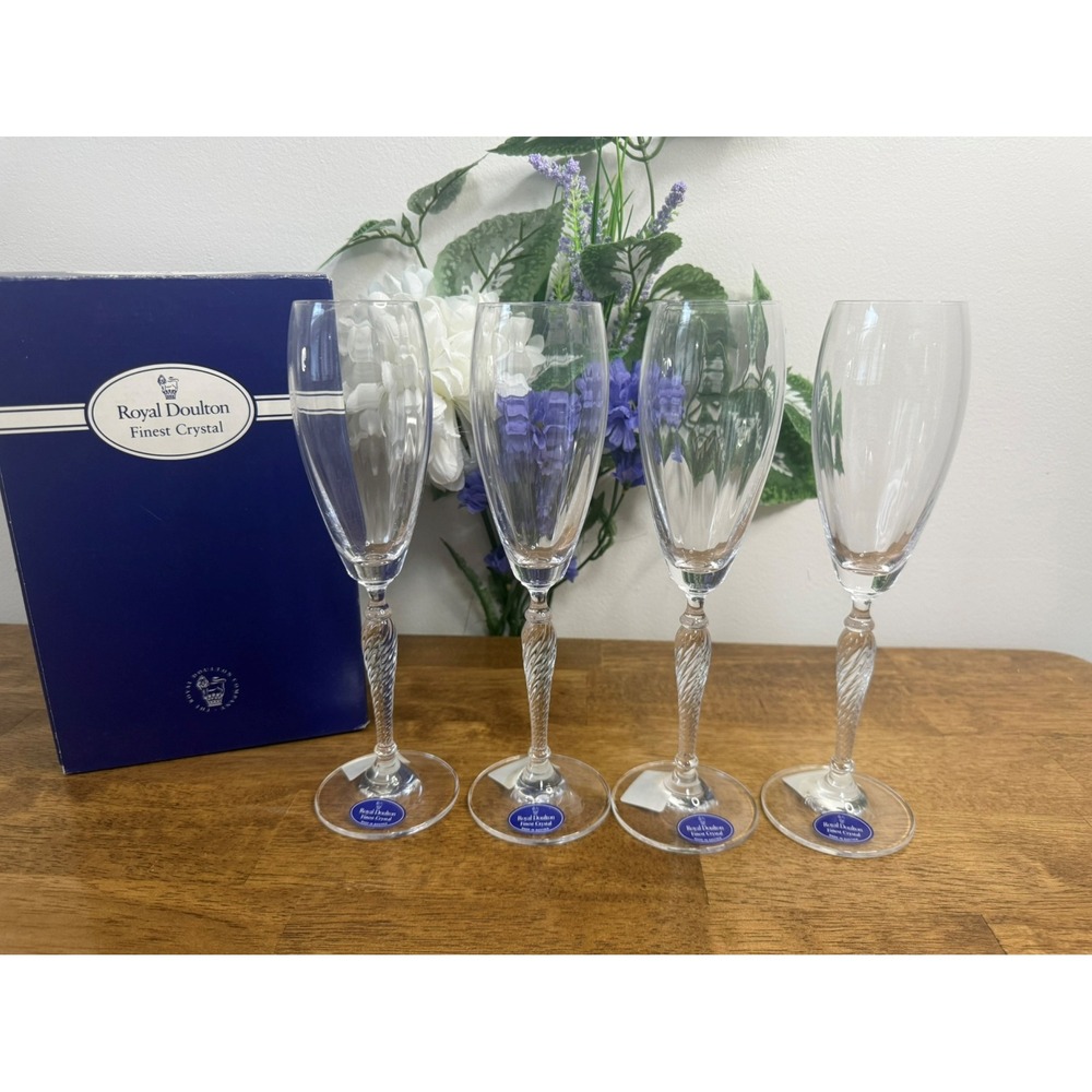 Royal Doulton Crystal Dawn Plain Flute Set Vintage Austria Twisted‎ Stem Boxed